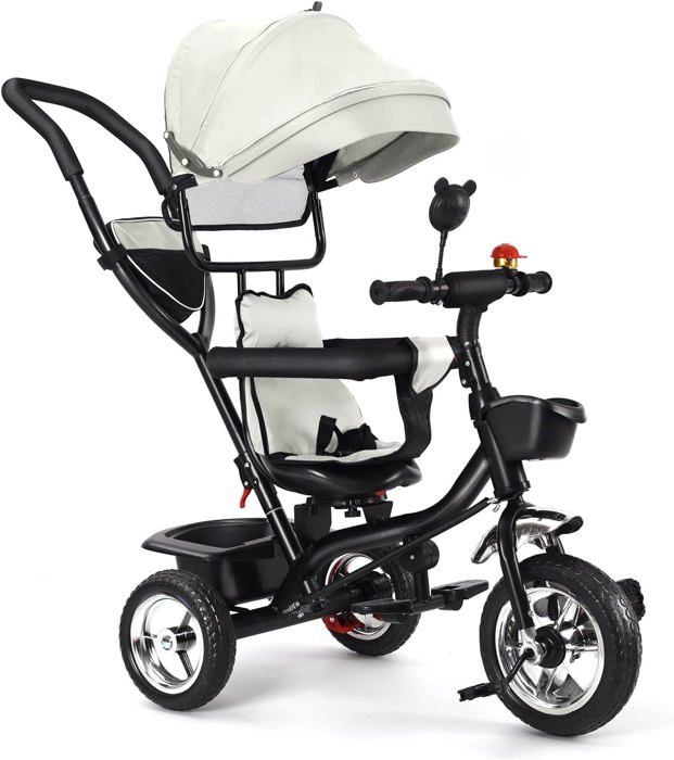 Tricycle Évolutif Bébé Avec Canne Parentale - Siège Réversible - Roues Silencieuses - Pare-Soleil - Noir