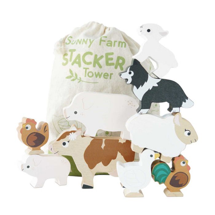 Jouet en bois à empiler - Le Toy Van - PL141 - 9 animaux de la ferme - Sac en coton - Beige
