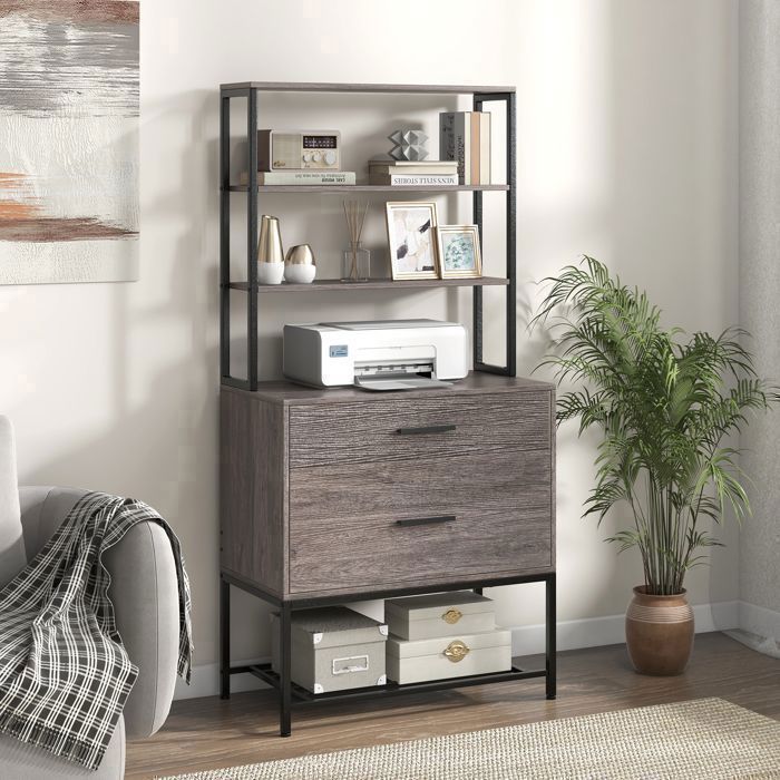 GOPLUS Meuble Étagère avec Étagères Ouvertes et 2 Tiroirs pour Dossiers A4-75x40x156CM-Style Idustriel-Gris