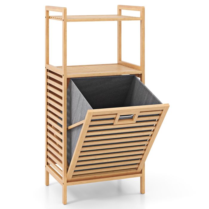 GOPLUS Panier à Linge en Bambou avec 2 Étagères Corbeille à Linge Inclinable pour Salle de Bain Buanderie Maison 43 5X33X96