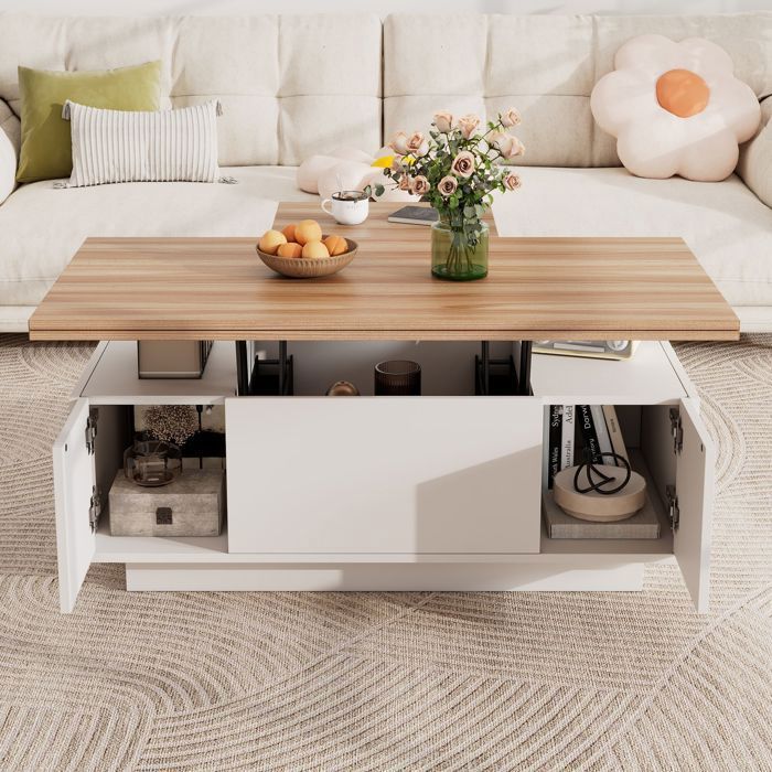 Table Basse Relevable Bois Blanc Et Gris – Plateau Escamotable – Salon
