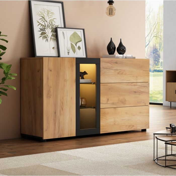 Buffet Salon Bahut Moderne - Grand Buffet Bahut avec Eclairage LED - 1 Portes 3 Tiroirs - Meuble de Rangement - Bois - 140x40x80cm