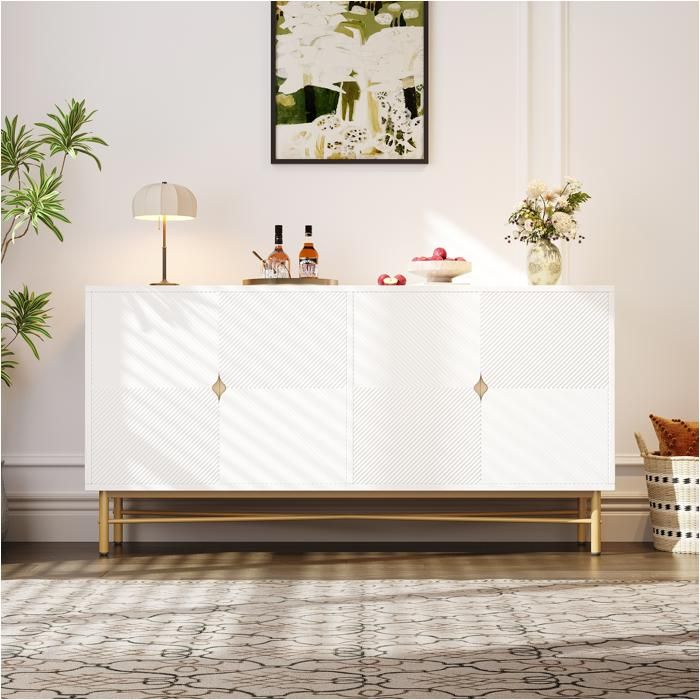 Buffet 160 cm - LEMONBEST - 160 cm - 4 portes - Poignées dorées brossées - Fermeture douce