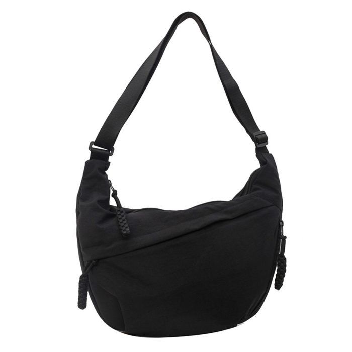 Sac bandoulière demi-lune/sac hobo zippé en nylon léger et résistant 34 x 22 x 9 cm noir Étiquette