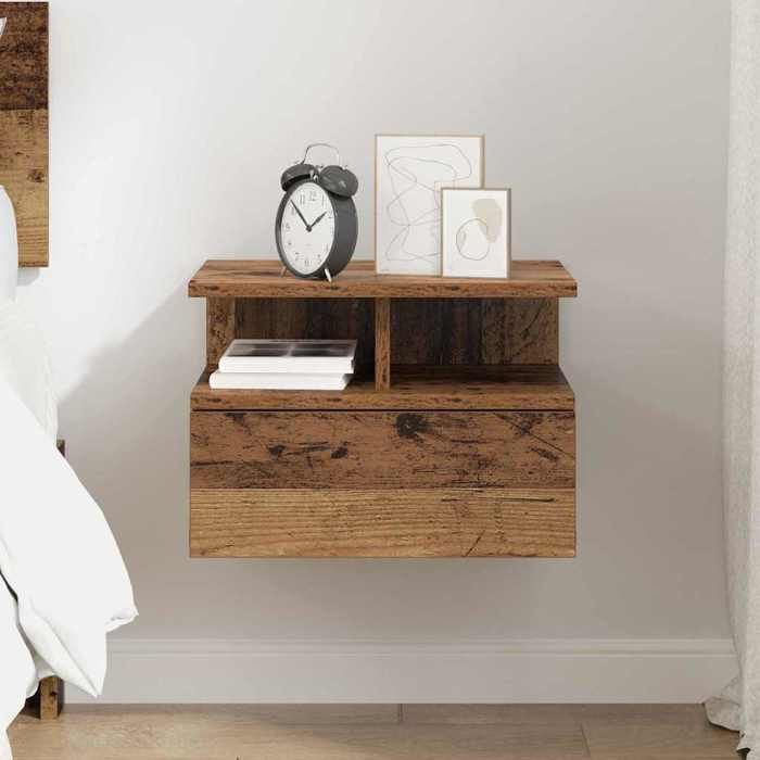 Table de chevet flottante - vidaXL - Bois ancien - 40x31x27 cm - Avec tiroir - 1 étagère - Montage mural - Rangement