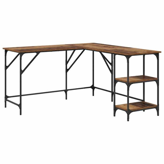 Bureau en bois dingénierie - GKO - 139x139x75 cm - Bois ancien - Industriel - Pieds en acier - Étagères ajustables
