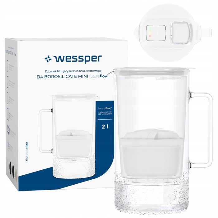 Carafe filtrante en verre Wessper D4 BOROSILICATE MINI 2 + 1 filtre type Aquamax Compteur LED