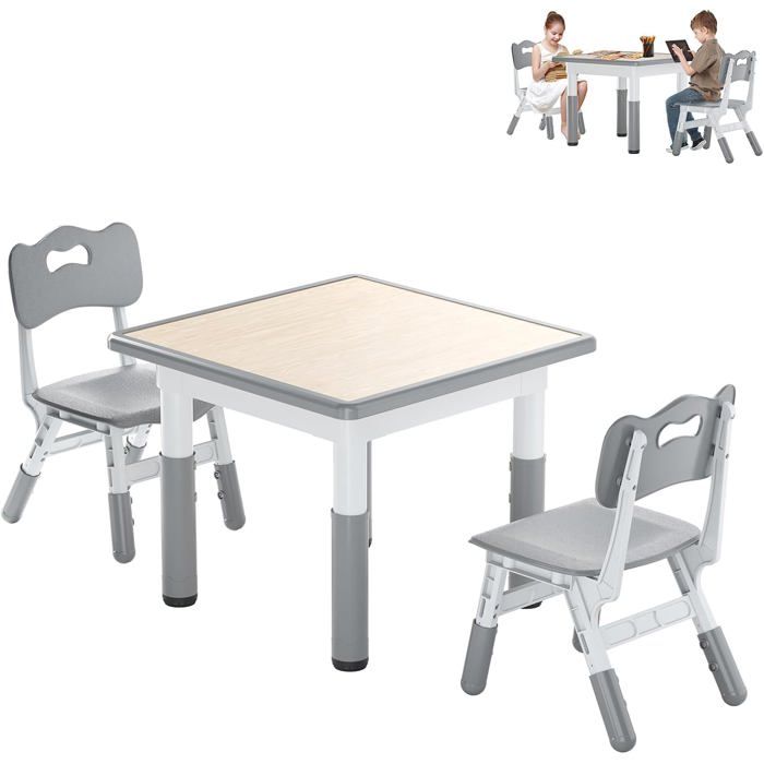 Aufun Table Enfant Avec 2 Chaises Mobilier Enfant En Plastique Ensemble Table Enfant à Hauteur RéGlable 60 X 60 Cm Gris