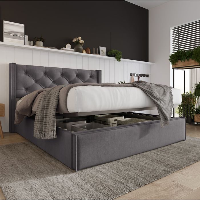 MODENUIT Lit coffre 140x200 cm lit double avec sommier à lattes grand rangement rembourré coton gris (Avec matelas)