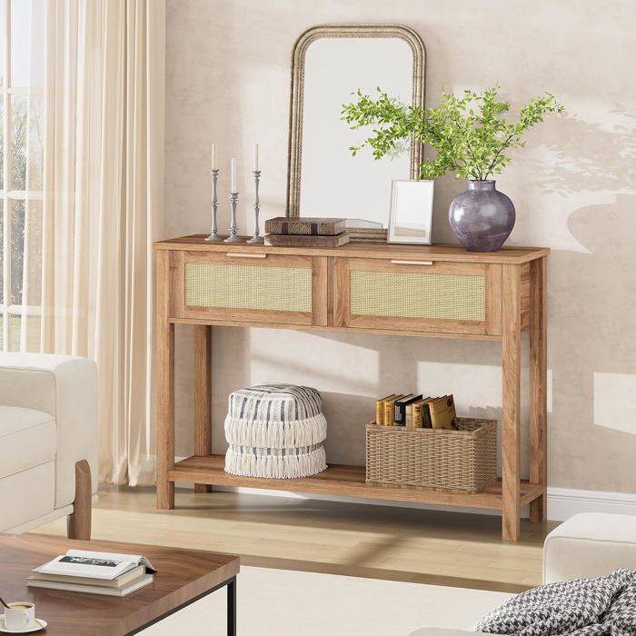 Table Console à 2 Niveaux Meuble d’Entrée Table dappoint avec 2 Tiroirs en Rotin et Étagère pour Couloir Chambre Salon Brun