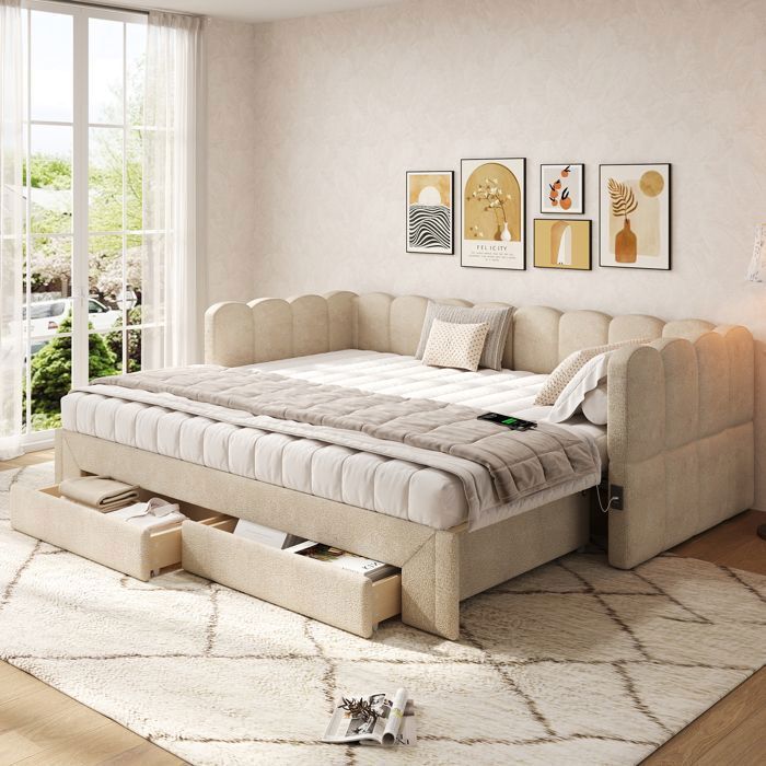 Lit Banquette Extensible 90x200 en 180x200 avec 2 Tiroirs Ports USB et USB-C Canapé-Lit - en Tissu Chenille Beige