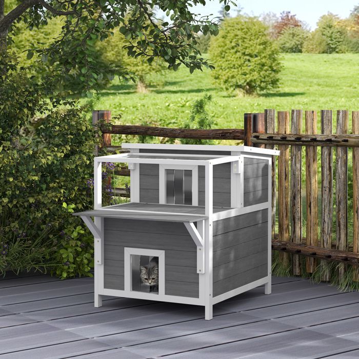10460 Maison pour chats 2 niveaux avec balcon abrité toit ouvrable extérieur intérieur gris clair