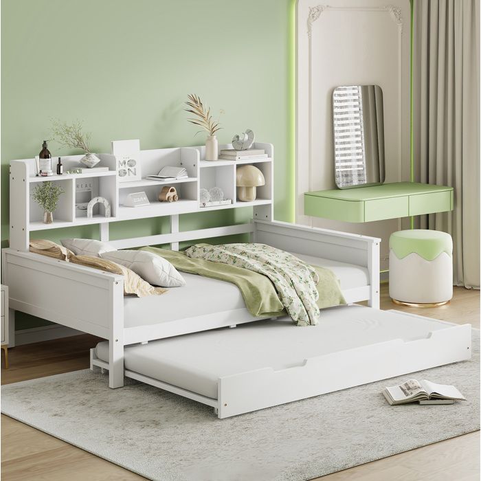 Lit banquette en bois blanc avec lit gigogne et rangements intégrés