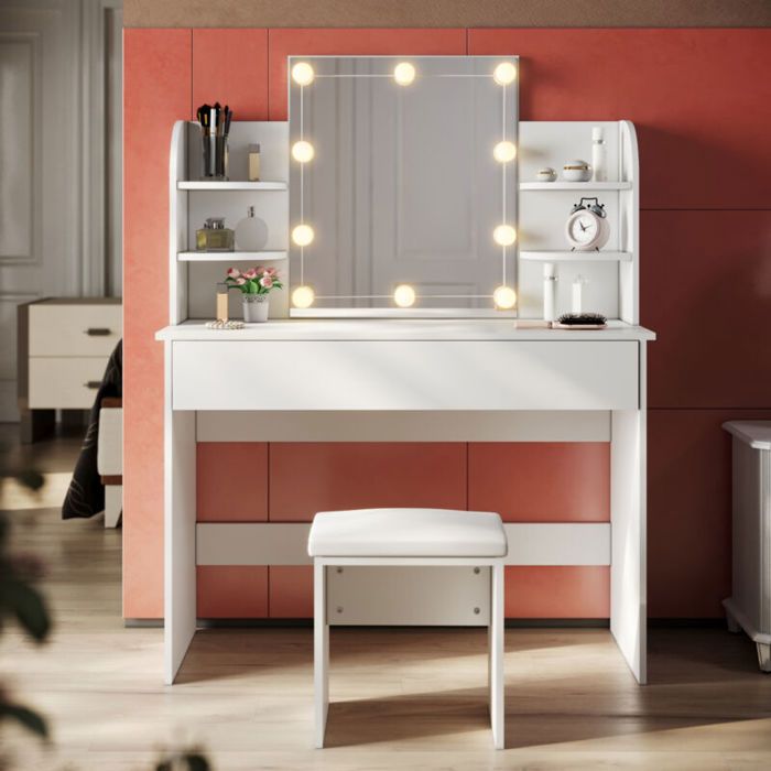 Coiffeuse avec miroir et tabouret - Virex® - Blanc - Lampe LED 3 modes - 108x40x140 cm - Fonction mémoire intelligente