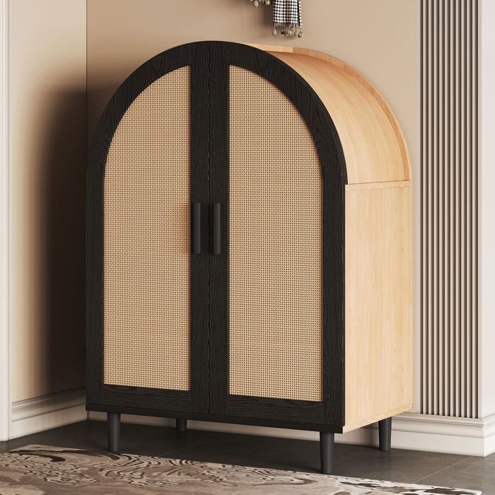 Meuble à chaussures - SOGEU - 70x40x100 cm - Portes rotin ajouré - 3 étagères (2 ajustables) - Piètement métal