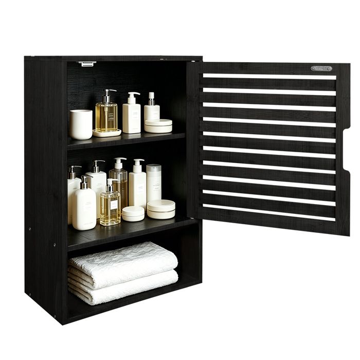 Armoire de salle de bain suspendue-QUIIENCLEE-3 niveaux-meuble de rangement une porte en bambou-20×40×60cm-Noir