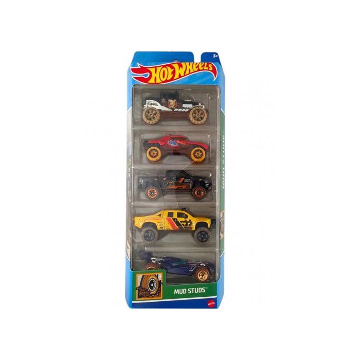 Coffret 5 Véhicules Hot Wheels Mud Studs - Set Voitures Miniatures + Carte Animal - Jouet Enfant