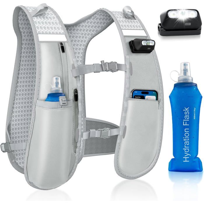 Gilet de course hydratation - Unbrand - Gourde souple 500 ml sans BPA - 7 poches pratiques - Réflectivité avant/arrière