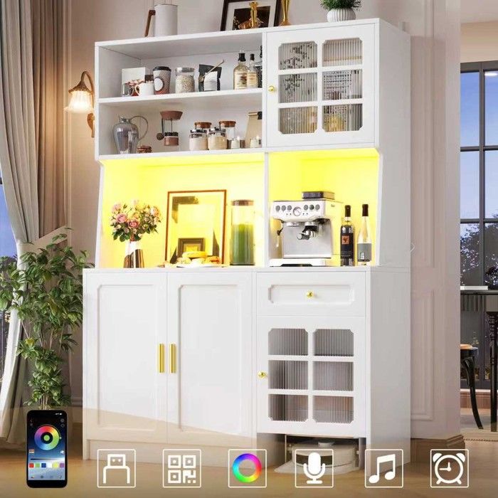 Armoire de cuisine 130x45x180 cm avec portes vitrées et éclairage LED blanc Armoire de cuisine 130x45x180 cm avec portes vitrées et éclairage LED blanc