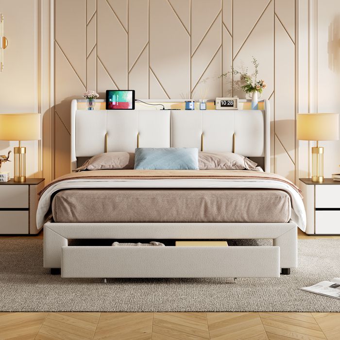 Lit double 160x200 cm avec LED et USB SORVAGLOS Lit coffre Lit capitonné 160x200 avec tête de lit rangement tiroir velours blanc