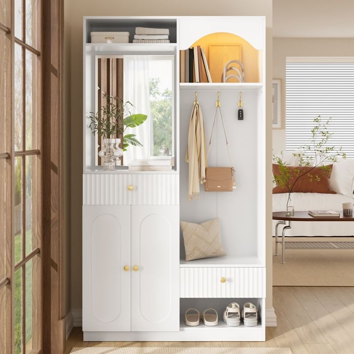 Vestiaire dentrée avec Miroir et Banc Meuble d’Entrée avec Armoire à Chaussures et Crochet Porte-Manteau Multifonctionnel Blanc