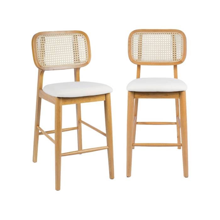 sweeek - Tabouret de bar bois dhévéa cannage et tissu 66 5cm (lot de 2) MANI sweeek - Tabouret de bar bois dhévéa cannage et tissu 66 5cm (lot de 2) MANI