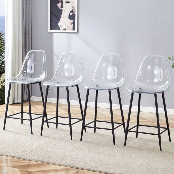 Lot De 4 Tabourets Bar Transparents 43.18x50.8x101.6cm métal Noir chaise Moderne Adaptée Cuisine Bar salle À Manger Sans Table