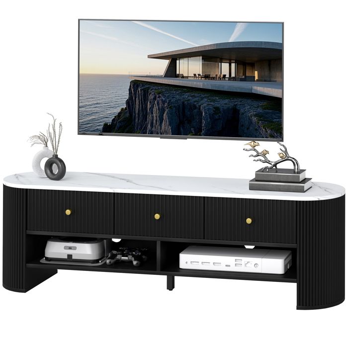 LIA Meuble TV 140 cm 65 pouces effet marbre 3 tiroirs façades cannelures 2 étagères noir