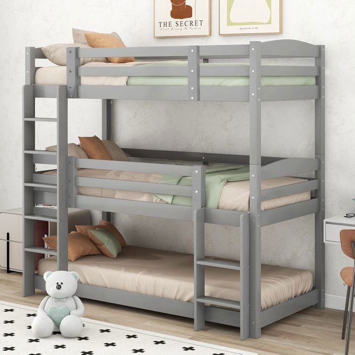 Lit superposé enfants 90x200 cm - Détachable / Séparable Design moderne - Bois de pin +MDF - Gris
