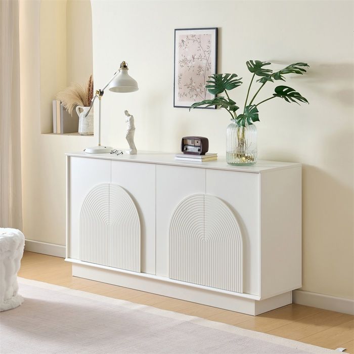 Buffet Bas Moderne Blanc avec Portes Voûtées - 160x38x80cm - Meuble de Rangement en MDF pour Salon et Salle à Manger - Blanc