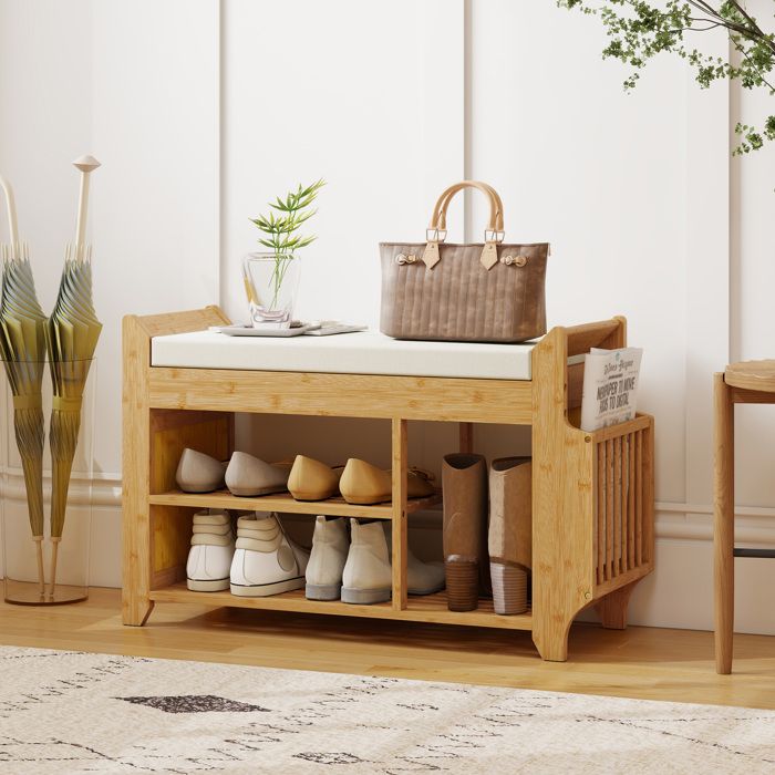 Banc à chaussures - 80 x 30 x 50 cm - Bambou naturel - Assise rembourrée - Rangement zoné