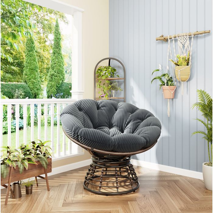 WUVRIE Fauteuil papasan rotatif 360° avec coussin épais acier et rotin PE gris et marron 92 x 67 cm