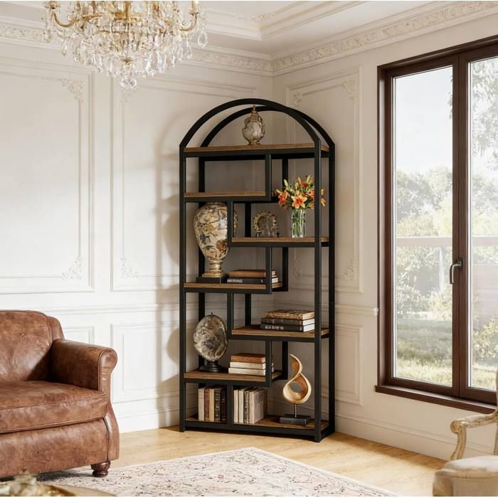WOVREO Bibliothèque 7 niveaux 80 x 30 x 180 cm étagère de rangement industrielle en MDF et métal noir