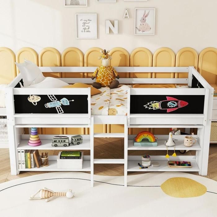 Lit mi-hauteur enfant - KOMHTOM - 90x200 - Sommier à lattes inclus - Étagères de rangement - Barrière de sécurité Lit mi-hauteur enfant - KOMHTOM - 90x200 - Sommier à lattes inclus - Étagères de rangement - Barrière de sécurité