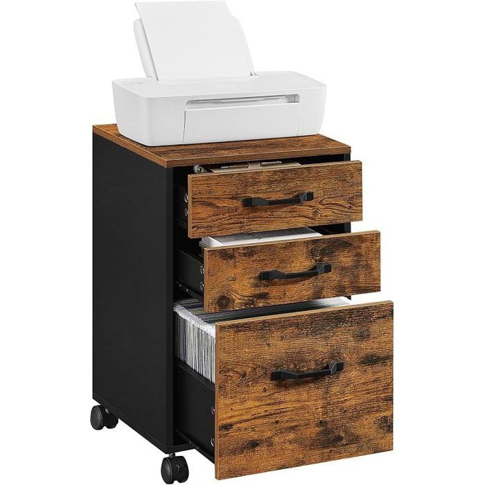 Caisson de Bureau Meuble de Bureau à 3 Tiroirs Casier sur roulettes pour Documents Format A4 Tringle Marron Rustique et Noir