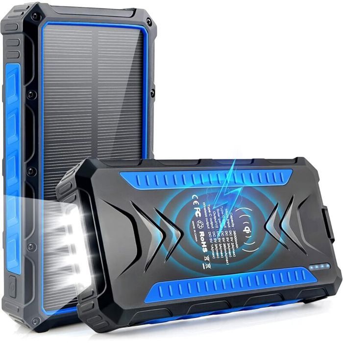 Batterie Externe Solaire 36000mAh - Chargeur Solaire Qi sans Fil 2 Ports USB et 1 Port Type-C Charge Rapide Étanche IP66 pour Ali