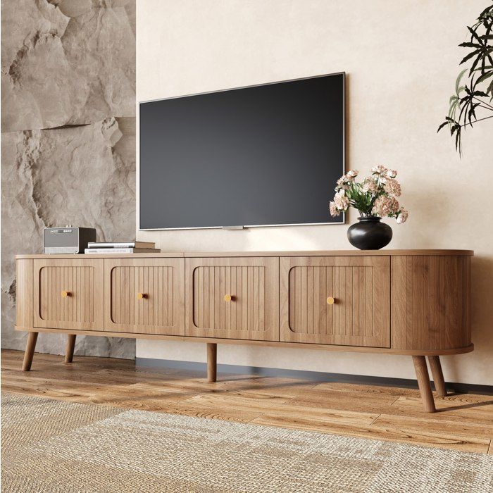 ROVRYN Meuble TV 180 cm 4 portes abattantes aspect chene poignees dorees pieds en bois