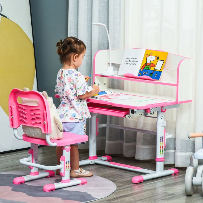 Bureau décole enfant 6-12 ans réglable rose avec lampe LED pupitre et porte-stylos MDF PP et acier