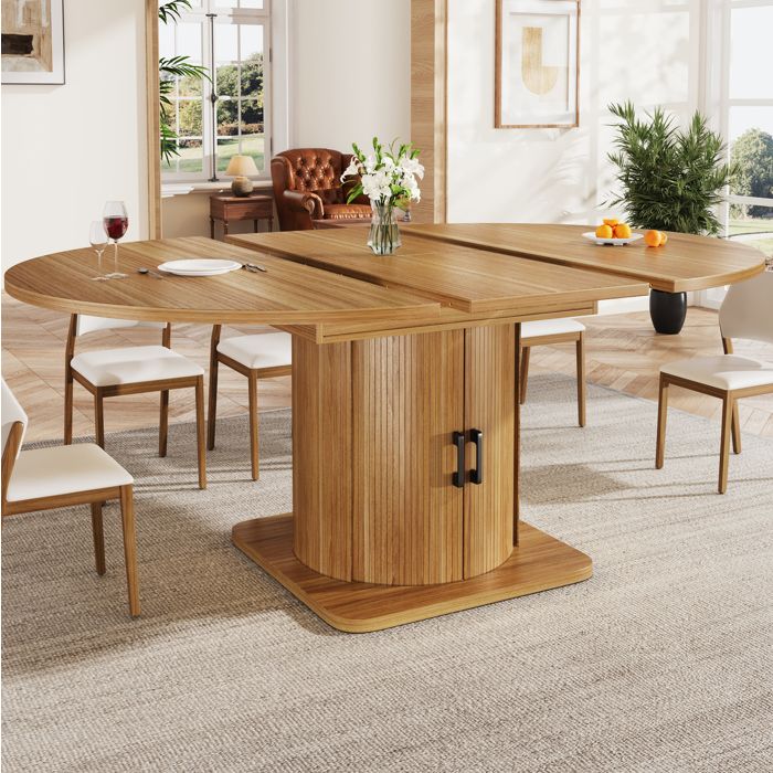 MEUBLIV Table à manger extensible ronde à ovale 118-158 cm 6 personnes avec tiroir et rangement MDF marron foncé
