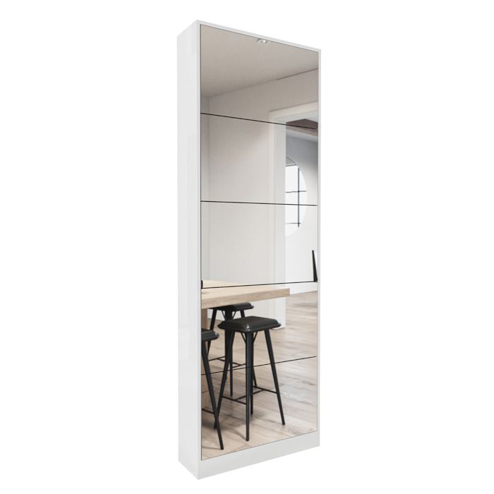 Meuble à chaussures blanc avec miroir pleine longueur et 5 tiroirs basculants rangement moderne d’entrée Meuble à chaussures blanc avec miroir pleine longueur et 5 tiroirs basculants rangement moderne d’entrée