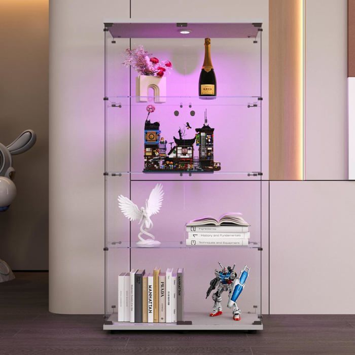 Vitrine à Double Porte 4 Niveaux en Verre Trempé Miroir en Fond LED Charge Maximale 5 kg par Niveau Design Élégant Verre Blanc