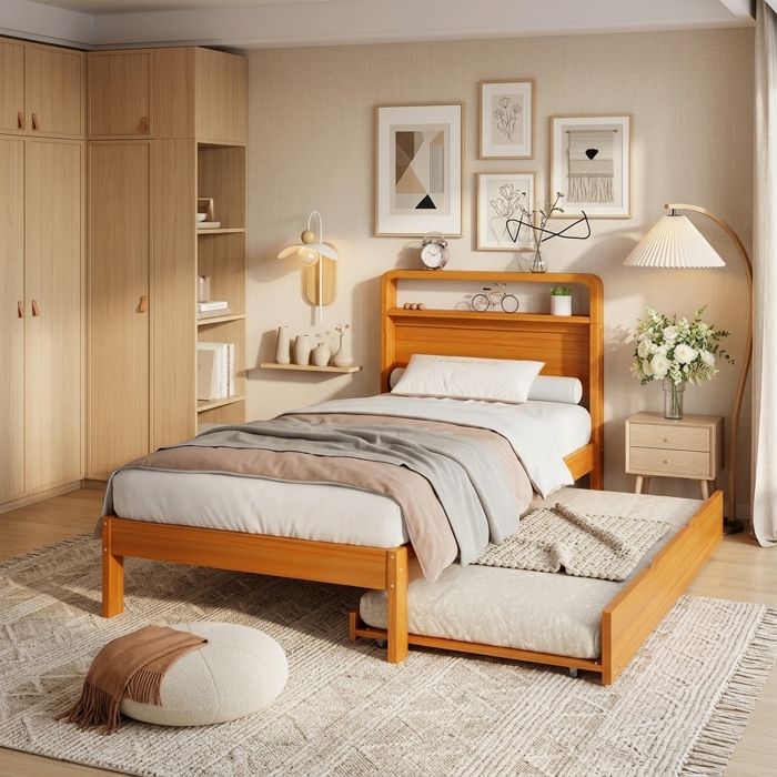 Lit gigogne en bois - Dimensions 90x200 cm et 90x190 cm - Lit dappoint extractible - Montage flexible gauche/droite