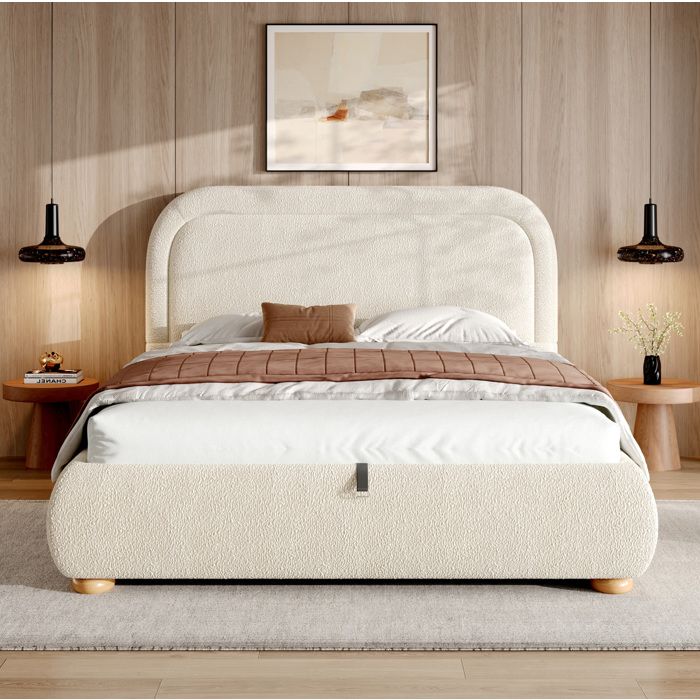 MEUBLIV Lit capitonné 140 x 190 cm sommier à lattes rangement hydraulique tissu bouclé beige