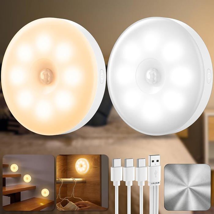 2Pcs Lampe Detecteur de Mouvement Interieur Veilleuse Detecteur de Mouvement Pour Couloir Cuisine écirage 2 piè ECLAIRAGE DE MEUBLE