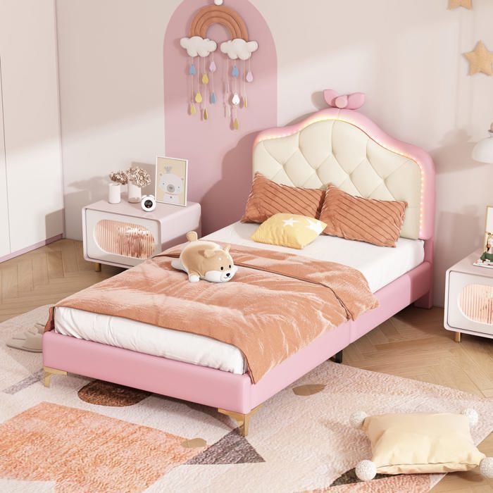 Lit enfant rembourré 90x200 cm rose en PU avec tête de lit ondulée LED multicolore sommier à lattes en bois