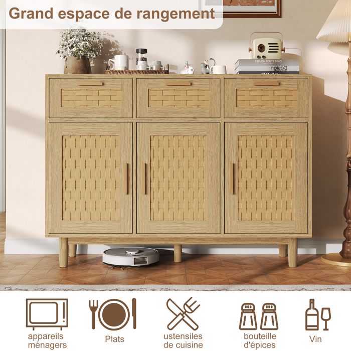 Buffet 3 portes et 3 tiroirs effet rotin en PVC cadre bois meuble de rangement salon cuisine 108x40x80 cm rotin