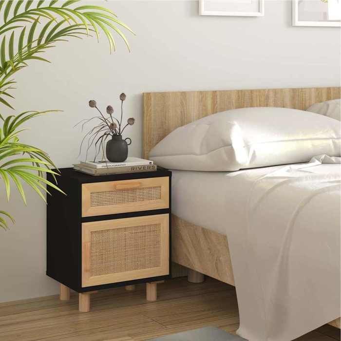 Table de chevet - FLOATING - Table de lit - Noir Bois de pin massif et rotin naturel&01_13298