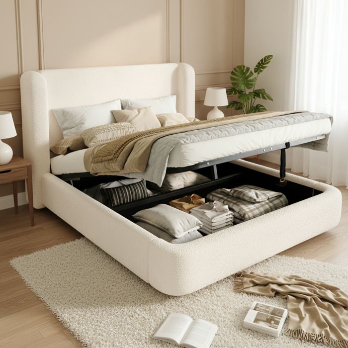 Lit coffre 160x200 bouclé beige avec rangement hydraulique sommier à lattes et design contemporain épuré