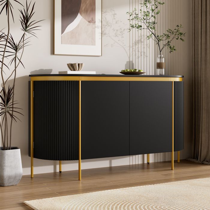 Buffet noir pieds en fer 4 portes ovales aux angles arrondis étagères rainurées système de gestion des câbles adapté au salon