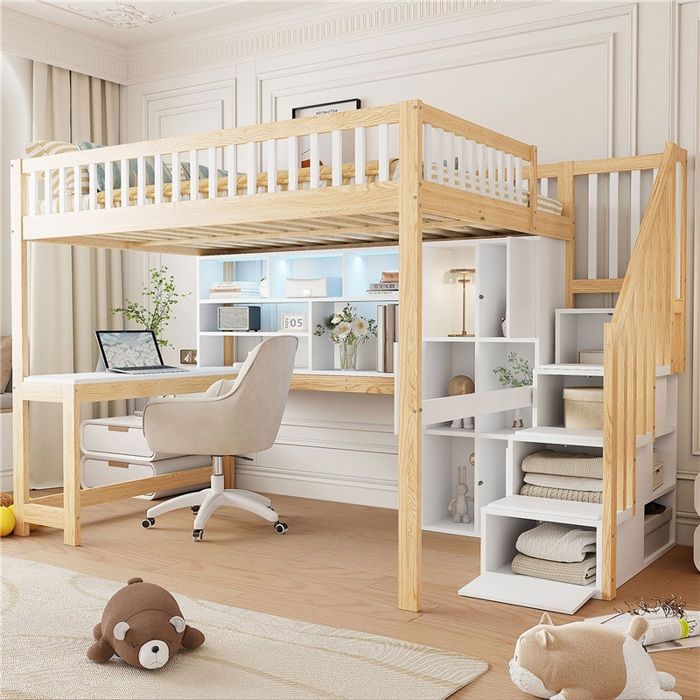Lit mezzanine blanc 140x200 cm LED bureau étagères rangement intégré lit ado multifonction